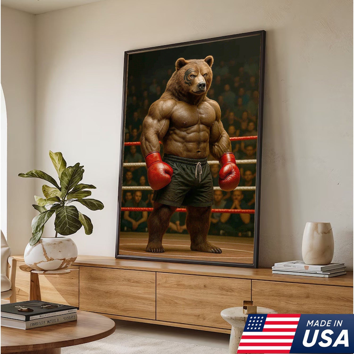 Boxing Bear Canvas Wall Art, Muscular Fighter in Red Gloves, Gym & Man Cave Decor