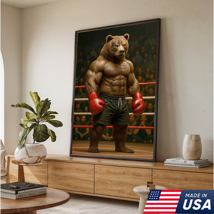 Boxing Bear Canvas Wall Art, Muscular Fighter in Red Gloves, Gym & Man Cave Decor