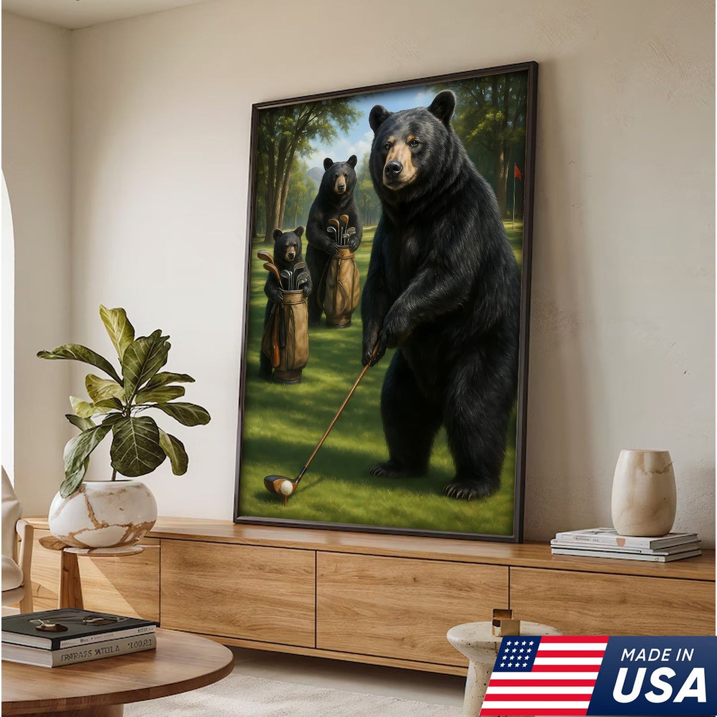 Funny Bear Golf Canvas – Rustic Cabin Wall Art Gift for Hunters, Golf Lovers & Man Caves