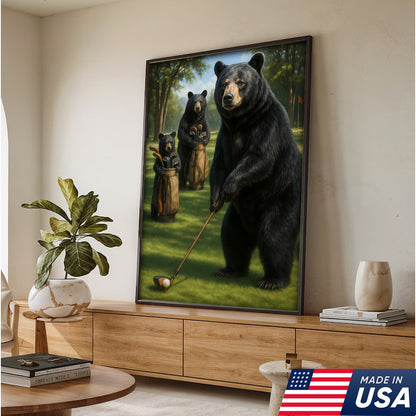 Funny Bear Golf Canvas – Rustic Cabin Wall Art Gift for Hunters, Golf Lovers & Man Caves