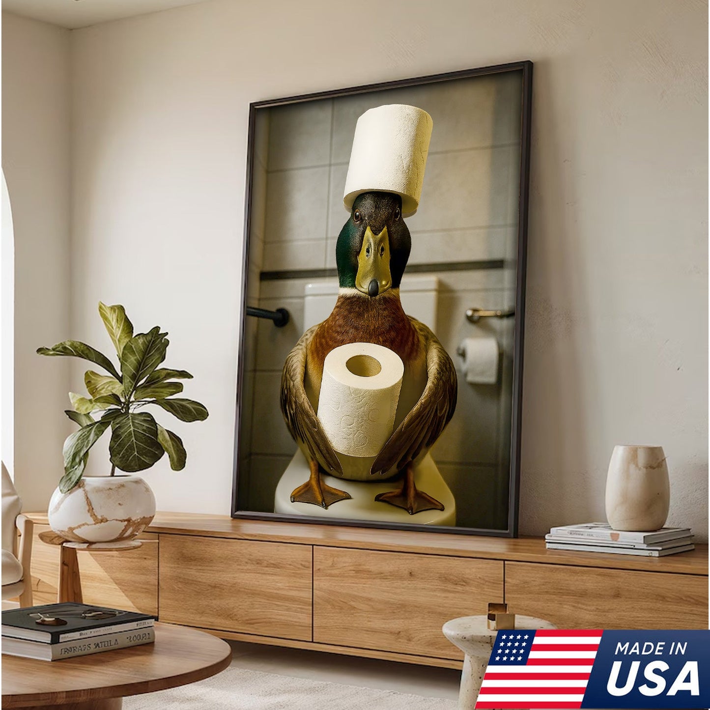 Funny Duck Bathroom Canvas Wall Art – Rustic Toilet Canvas for Cabin, Lodge & Man Cave Decor