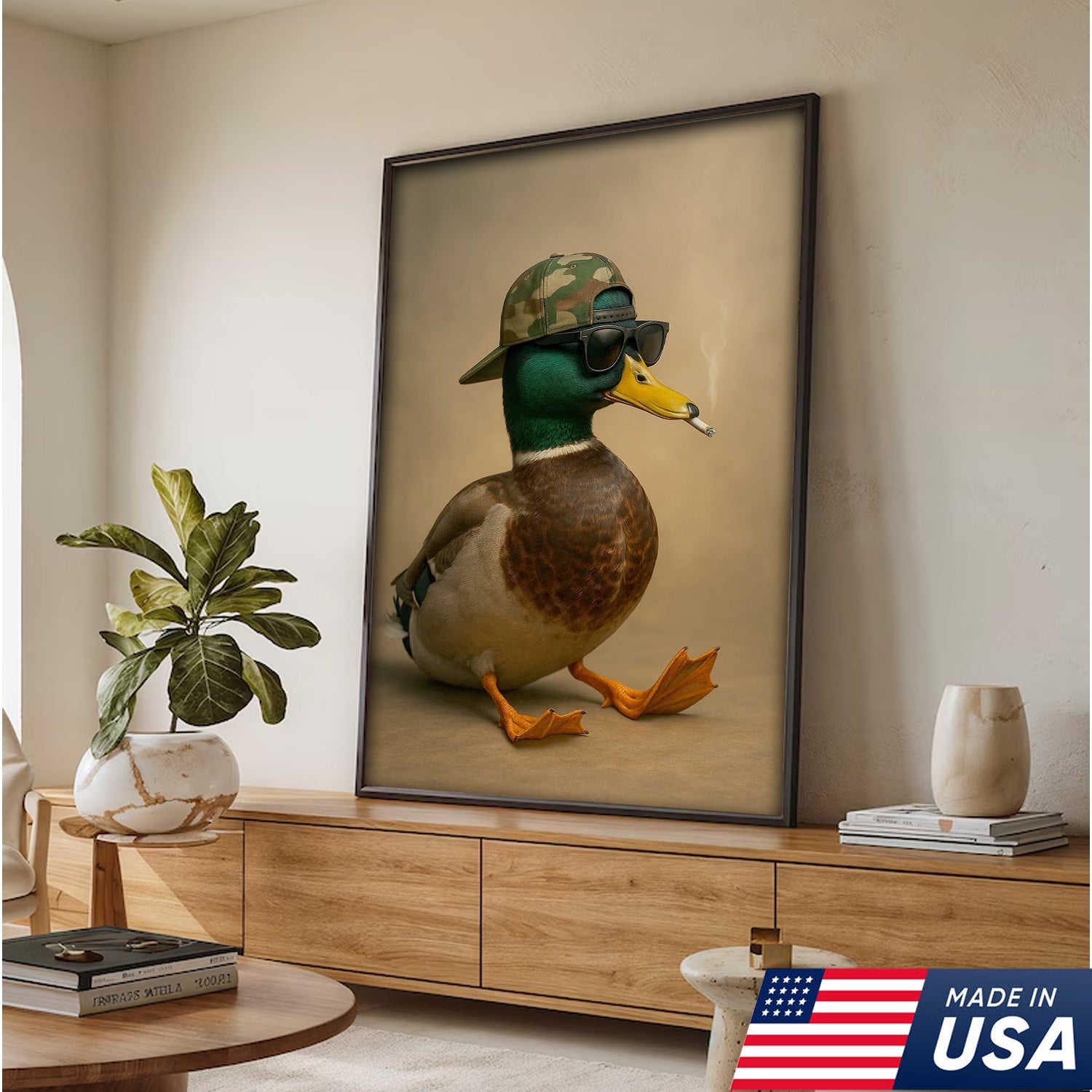 Cool Mallard Duck with Camo Hat Wall Art – Funny Hunting Canvas Print