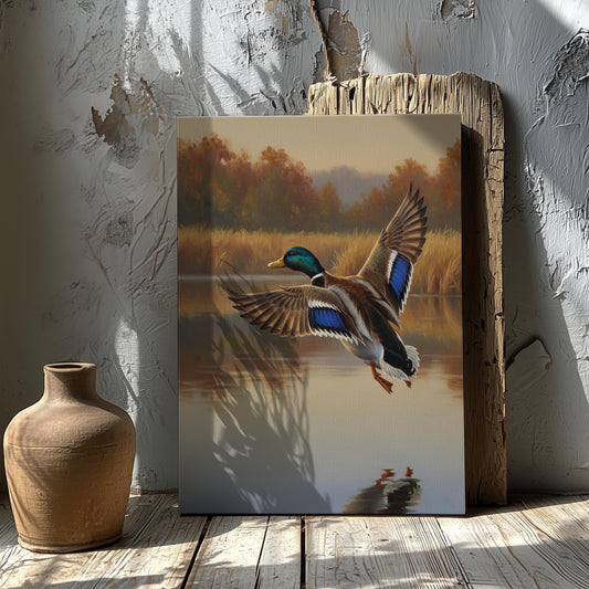 Duck Hunting Wall Art Canvas – Mallard Duck in Flight Over Lake, Perfect Hunting Cabin Decor for Men