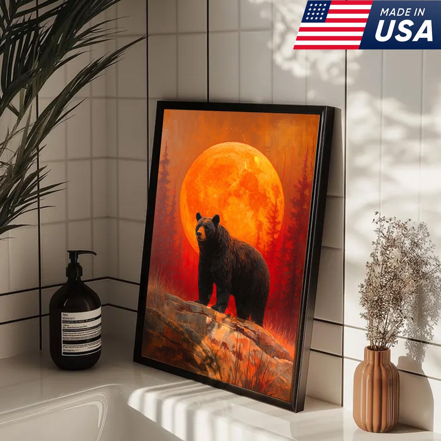 Bear Canvas Wall Art – Majestic Black Bear with Fiery Orange Full Moon