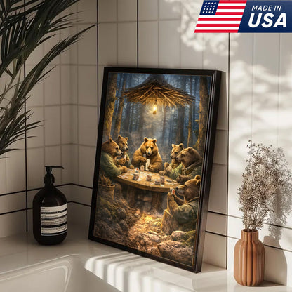 Funny Bear Poker Night Wall Art Canvas – Rustic Forest Animal Card Game Canvas Decor