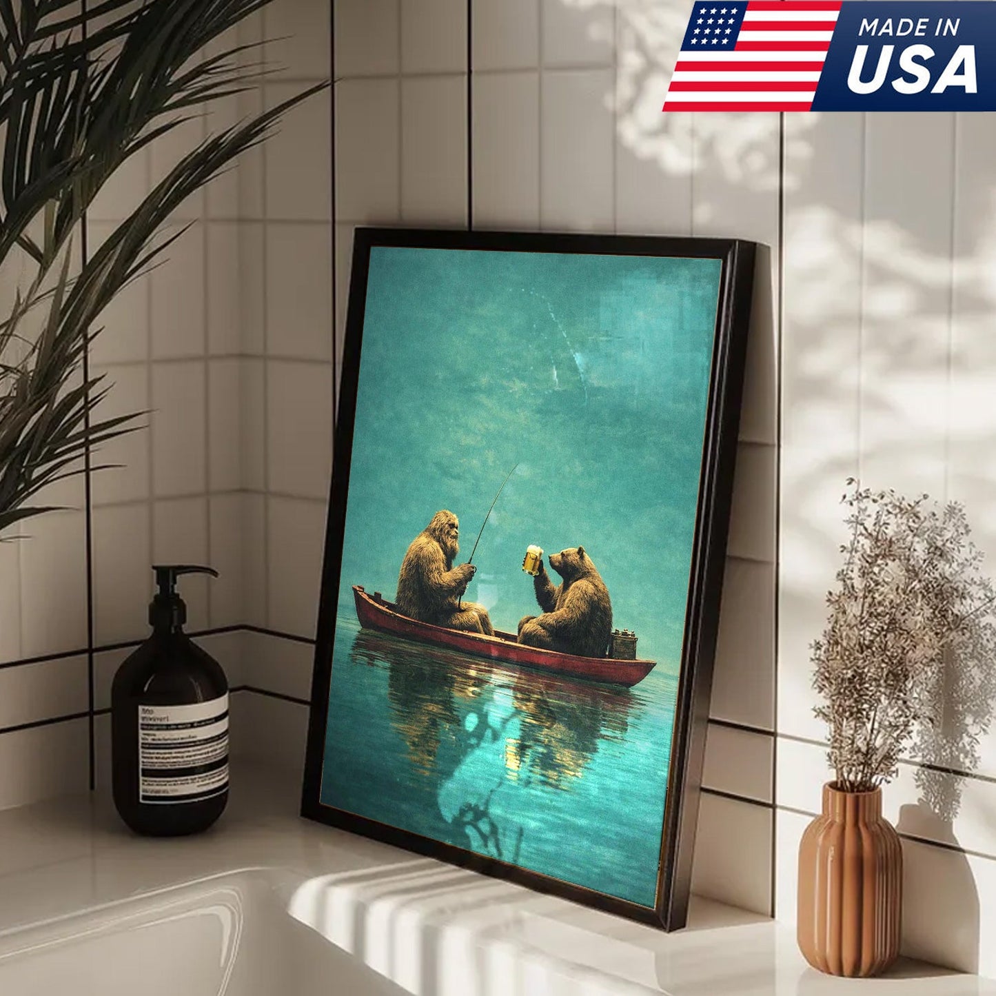 Whimsical Bear Fishing Canvas Wall Art, Surreal Animal Friendship Painting