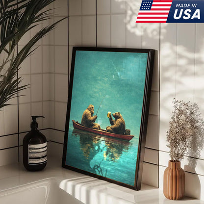 Whimsical Bear Fishing Canvas Wall Art, Surreal Animal Friendship Painting