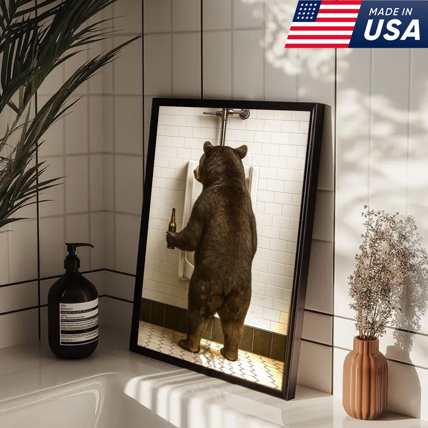 Funny Black Bear Canvas Wall Art – Hilarious Bathroom Humor Decor – Rustic Cabin Lodge Gag Gift
