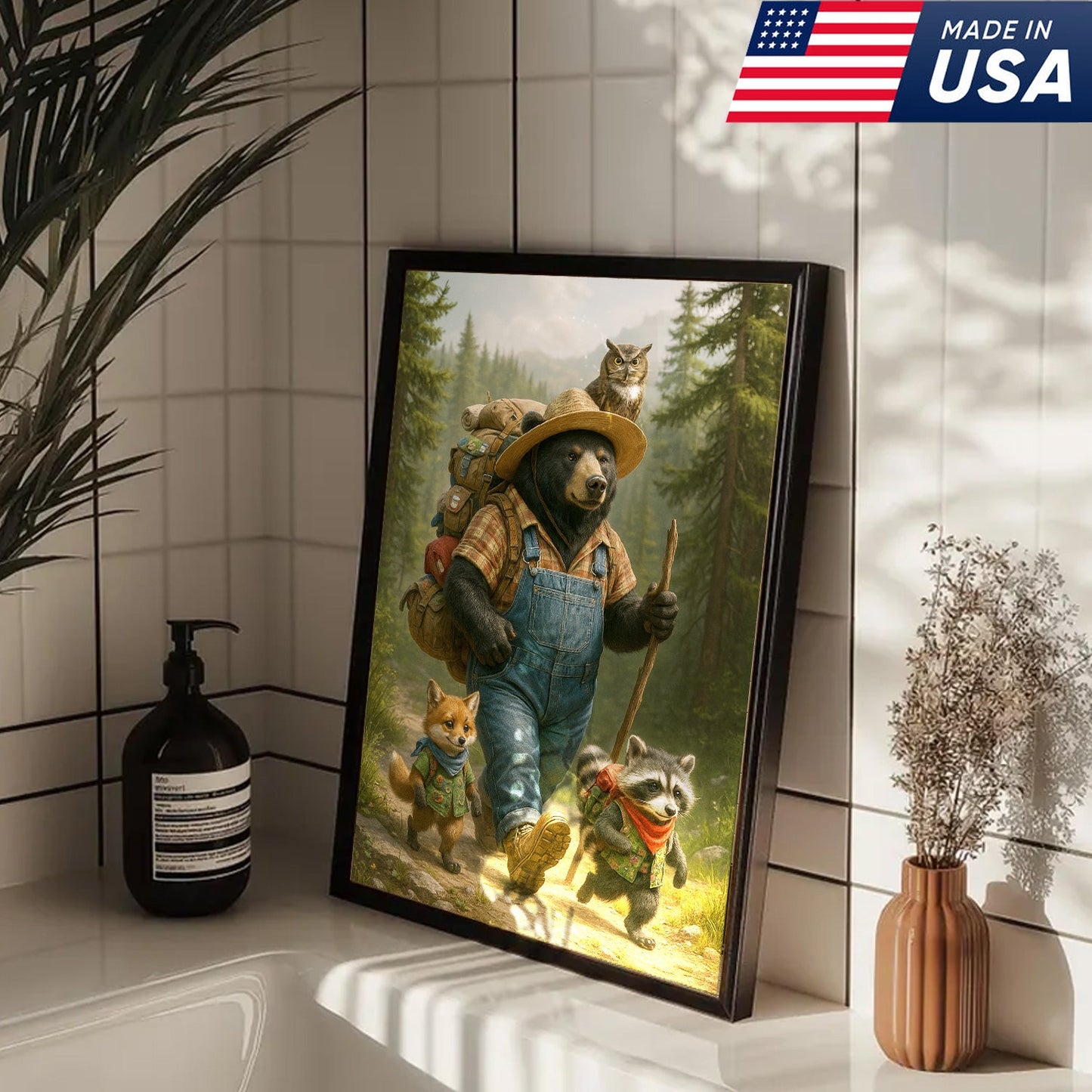 Bear Hiking Adventure Canvas Art – Cute Woodland Animal Wall Decor for Cabin & Home