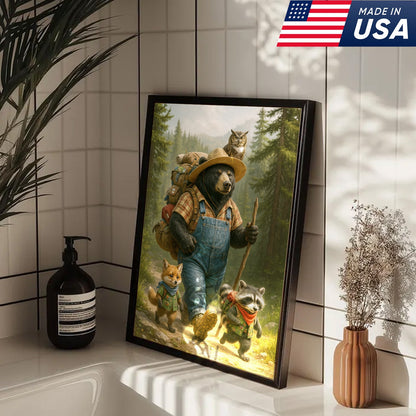 Bear Hiking Adventure Canvas Art – Cute Woodland Animal Wall Decor for Cabin & Home