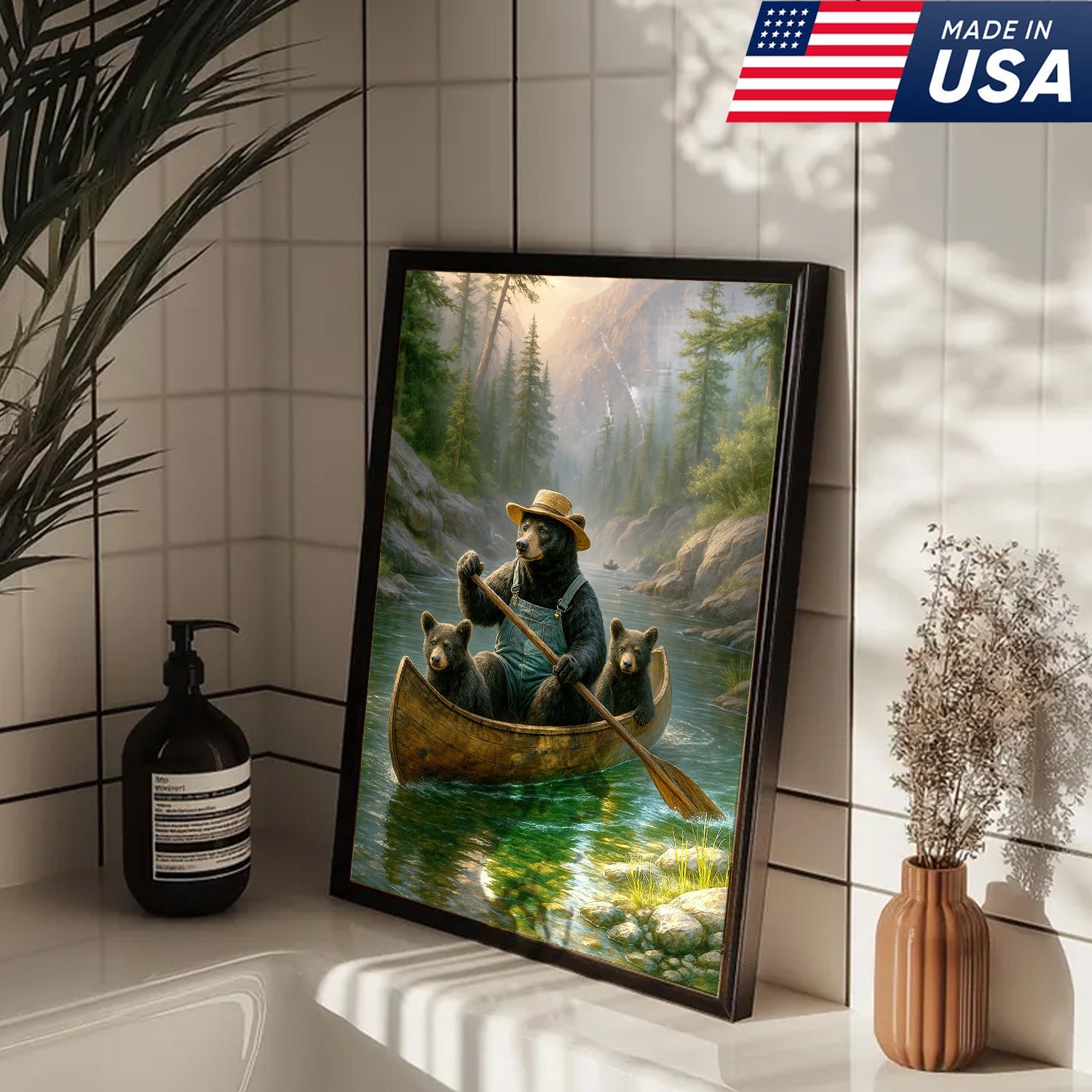 Bear Family Canoe Adventure Canvas Wall Art – Rustic Wildlife Wall Decor for Cabin & Home