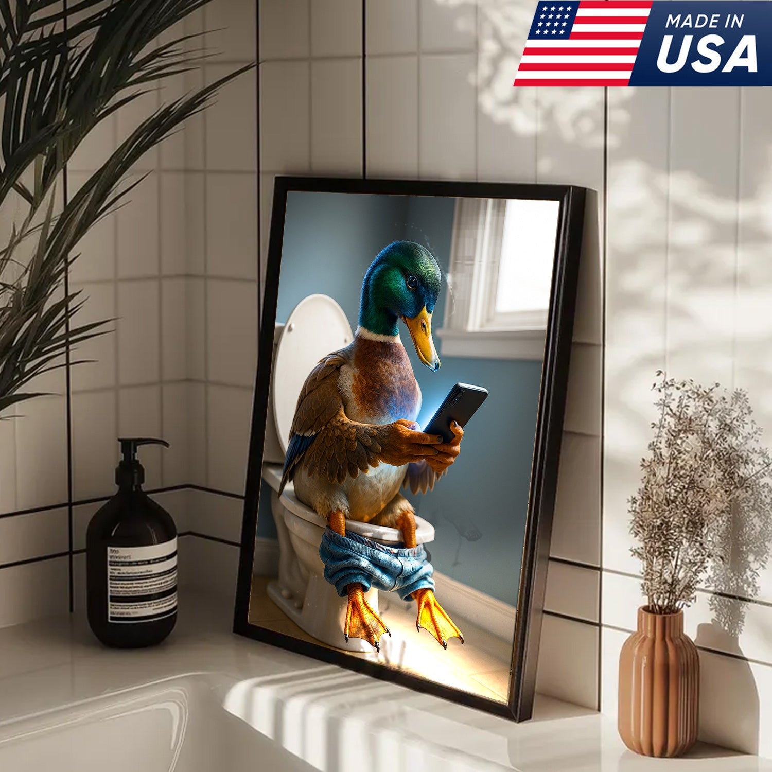 Funny Duck on Toilet Canvas Wall Art – Hilarious Gift for Men, Husband or Bathroom Decor