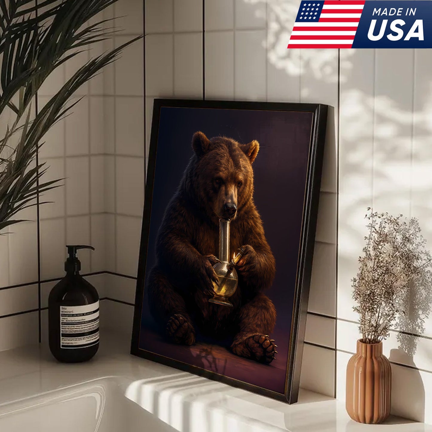 Rustic Bear Smoking Canvas Wall Art – Funny Cabin Decor for Hunters & Outdoor Lovers