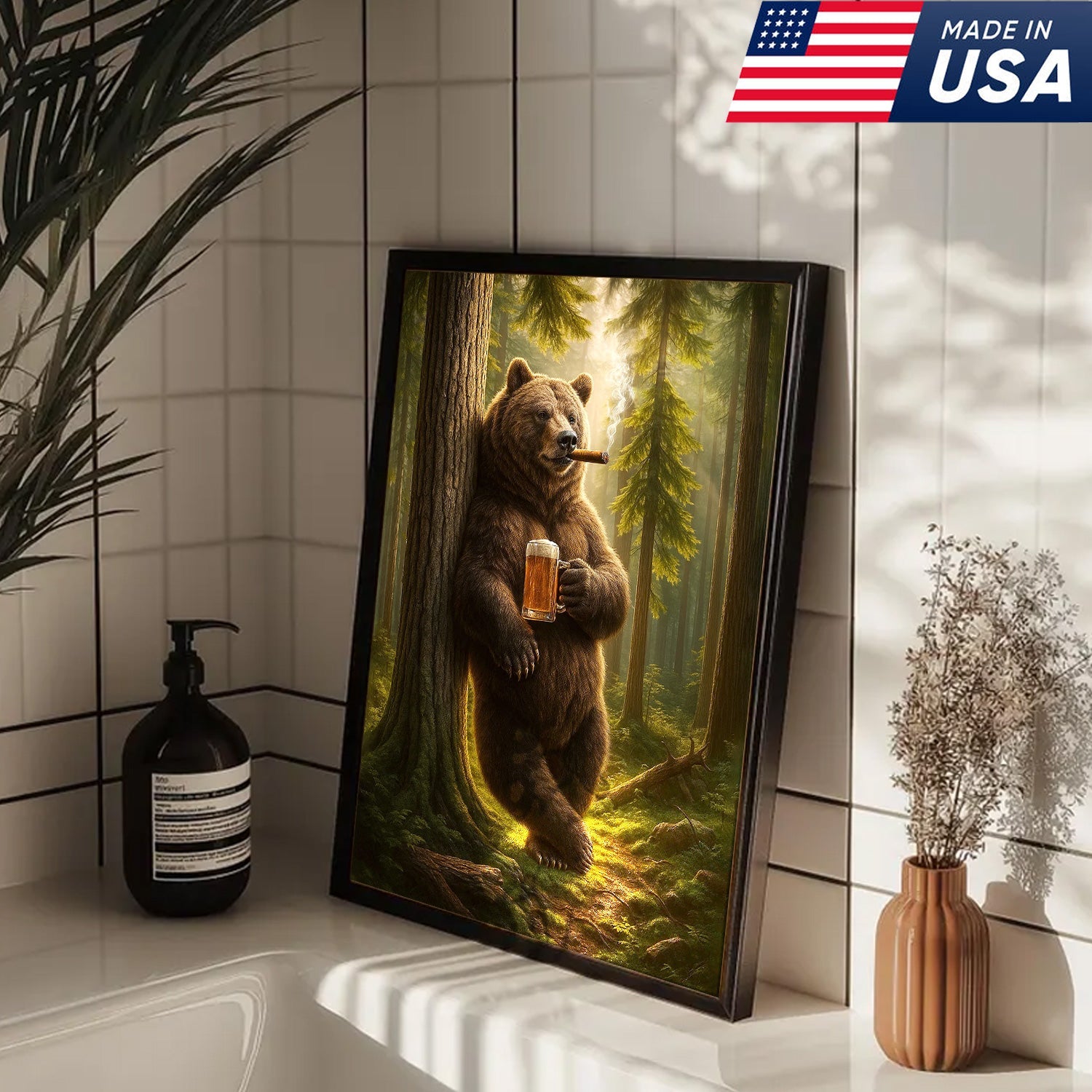 Rustic Bear in Forest Canvas Wall Art, Woodland Animal Decor, Nature Landscape Home Decoration