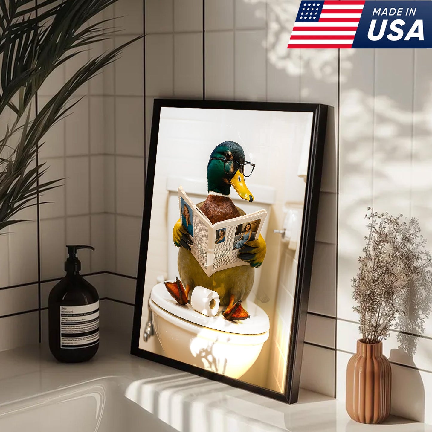 Funny Duck Bathroom Canvas Wall Art – Unique Gift for Hunters, Wildlife Lovers & Cabin Decor
