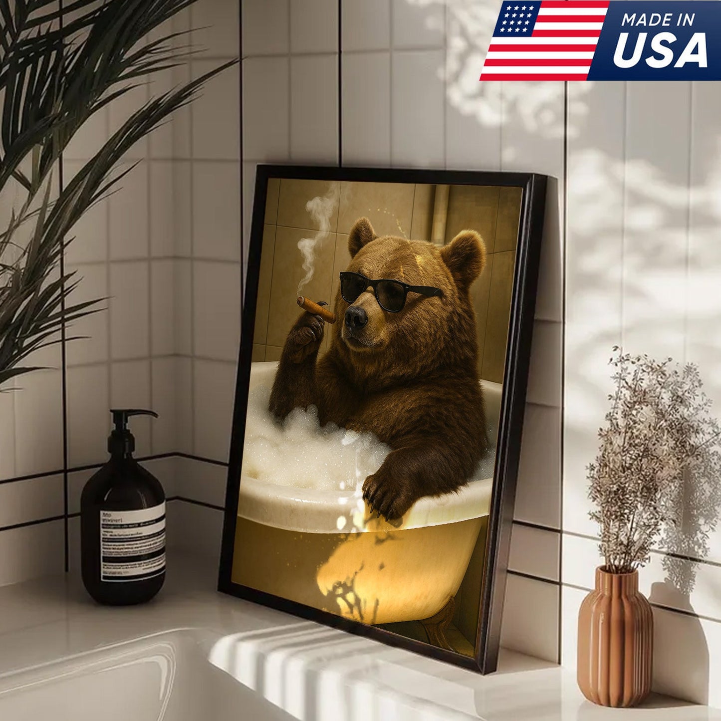 Cool Bear Canvas Wall Art – Funny Relaxing Bathtub Gift for Hunters & Outdoorsmen