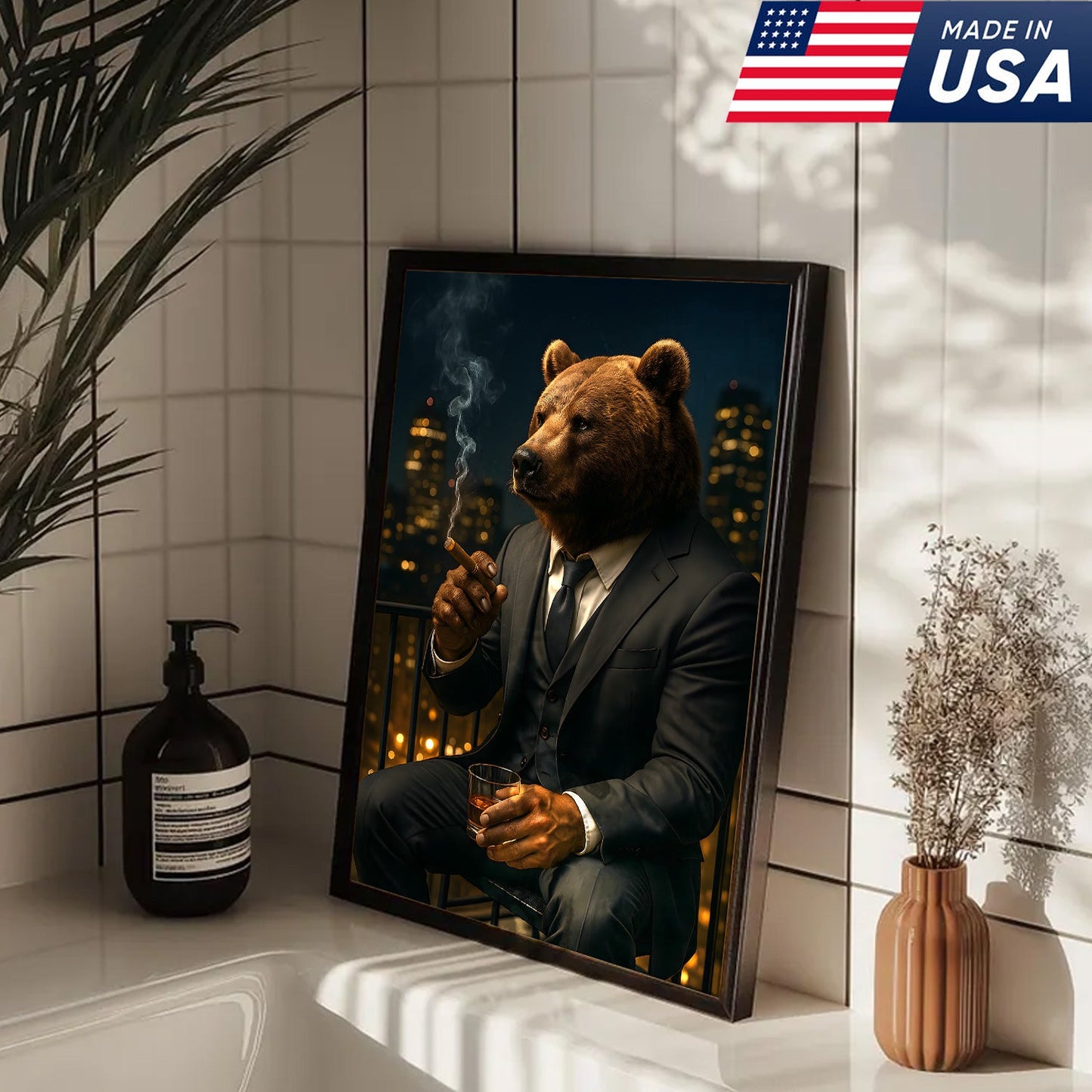 Boss Bear Wall Art – Suited Animal Smoking Canvas, Whiskey Lounge Decor, Alpha Man Gift