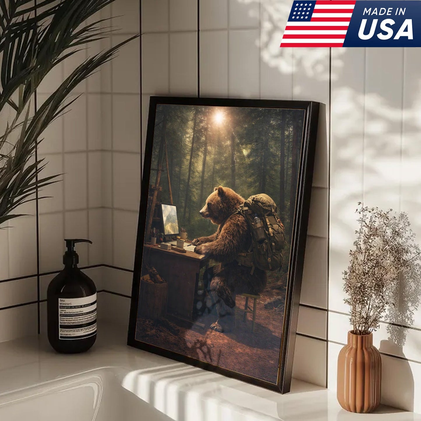 Bear Remote Work Canvas Wall Art, Whimsical Forest Office Animal Illustration