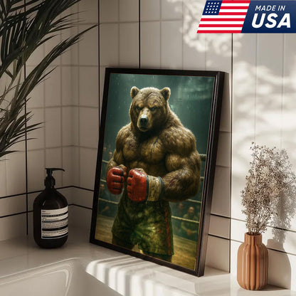 Boxer Bear Canvas Wall Art, Fierce Animal Fighter Artwork, Powerful Strength Decor for Men