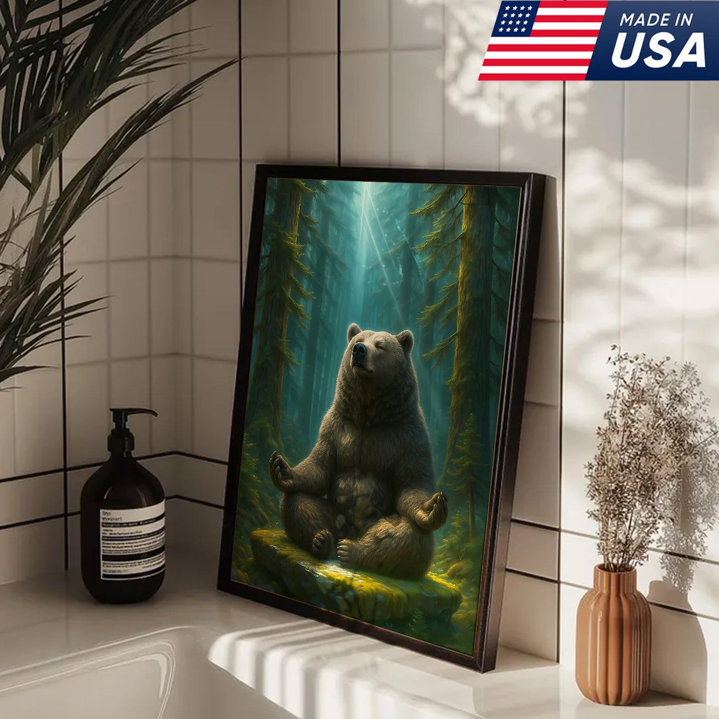 Zen Bear Wall Art – Meditating Bear Canvas for Cabin, Nature Lovers & Rustic Home Decor