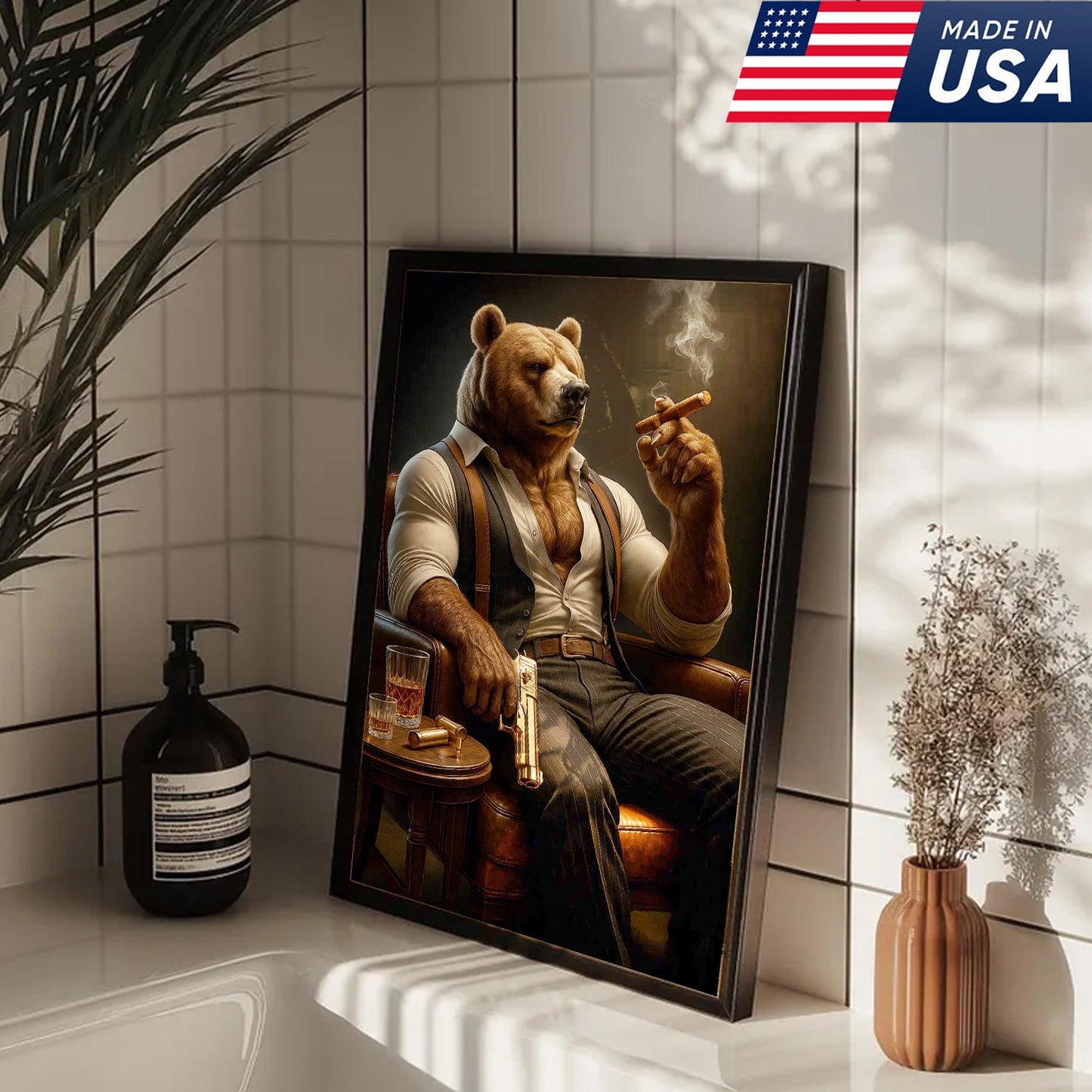 Boss Bear Canvas Wall Art, Stylish Anthropomorphic Animal Portrait, Masculine Power Lounge Decor