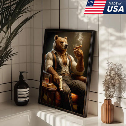 Boss Bear Canvas Wall Art, Stylish Anthropomorphic Animal Portrait, Masculine Power Lounge Decor