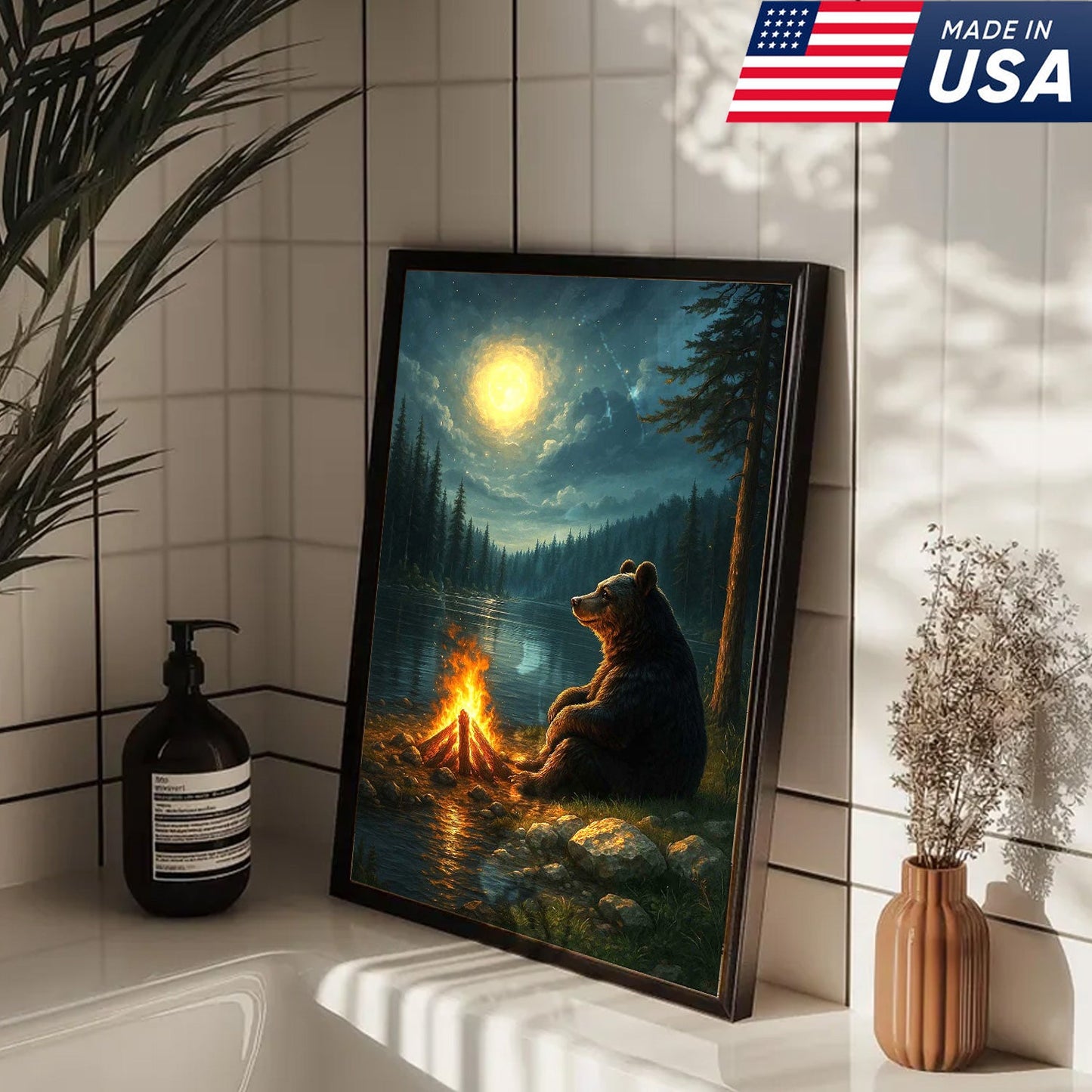 Bear Campfire Night Wall Art Canvas, Cozy Camping Bear by Lake