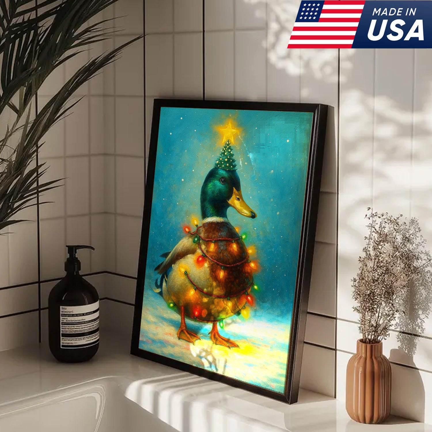 Funny Mallard Duck Christmas Canvas Wall Art – Festive Holiday Decor – Rustic Lodge Gift Idea