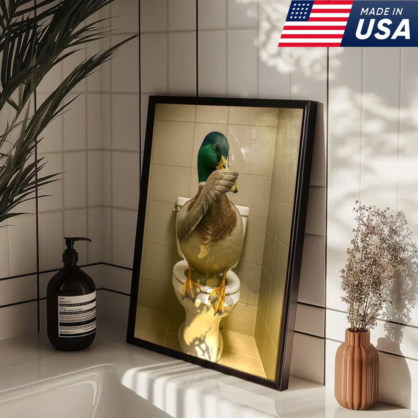 Funny Duck Bathroom Wall Art – Hilarious Rustic Toilet Canvas for Cabin, Lodge & Man Cave Decor