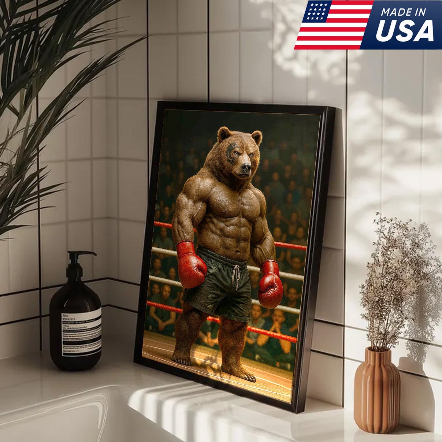 Boxing Bear Canvas Wall Art, Muscular Fighter in Red Gloves, Gym & Man Cave Decor