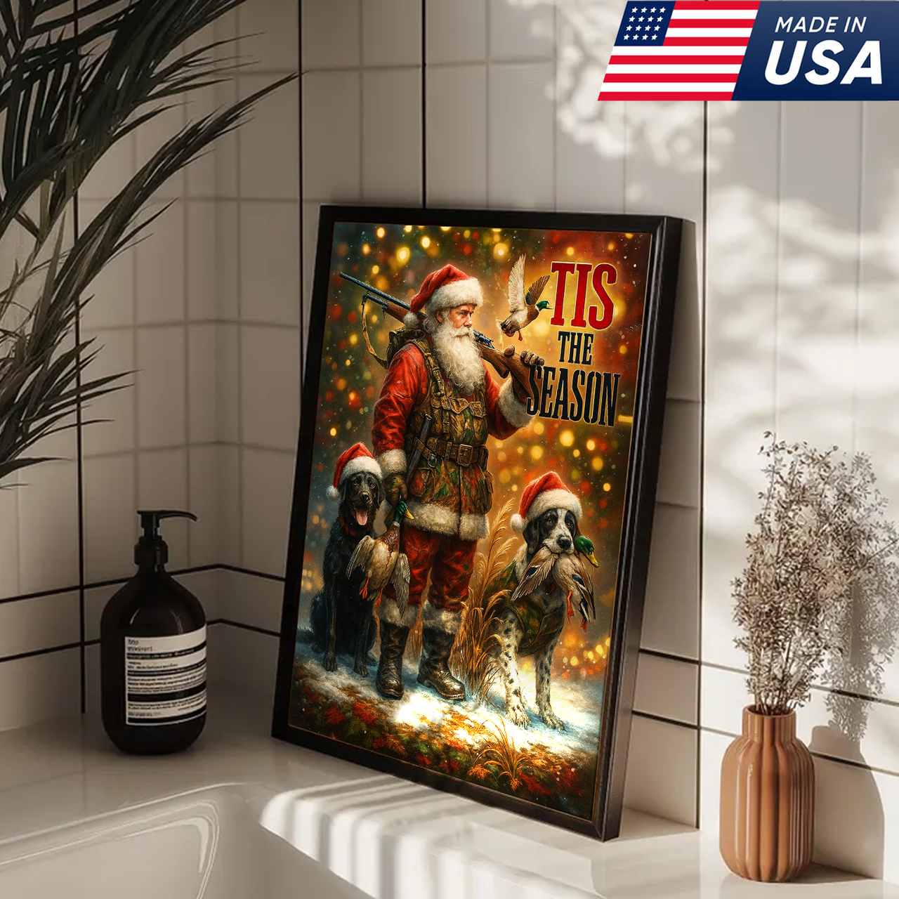 Rustic Christmas Hunting Canvas Art - Santa with Hunting Dogs and Ducks Holiday Wall Decor