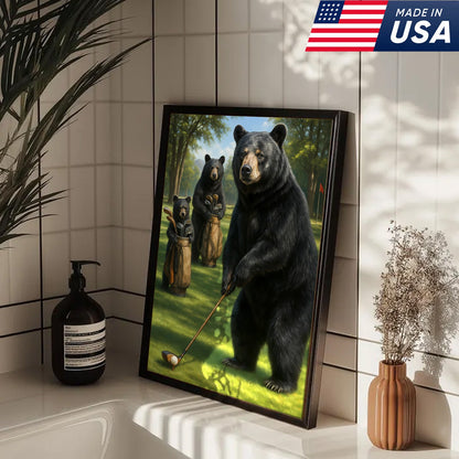 Funny Bear Golf Canvas – Rustic Cabin Wall Art Gift for Hunters, Golf Lovers & Man Caves