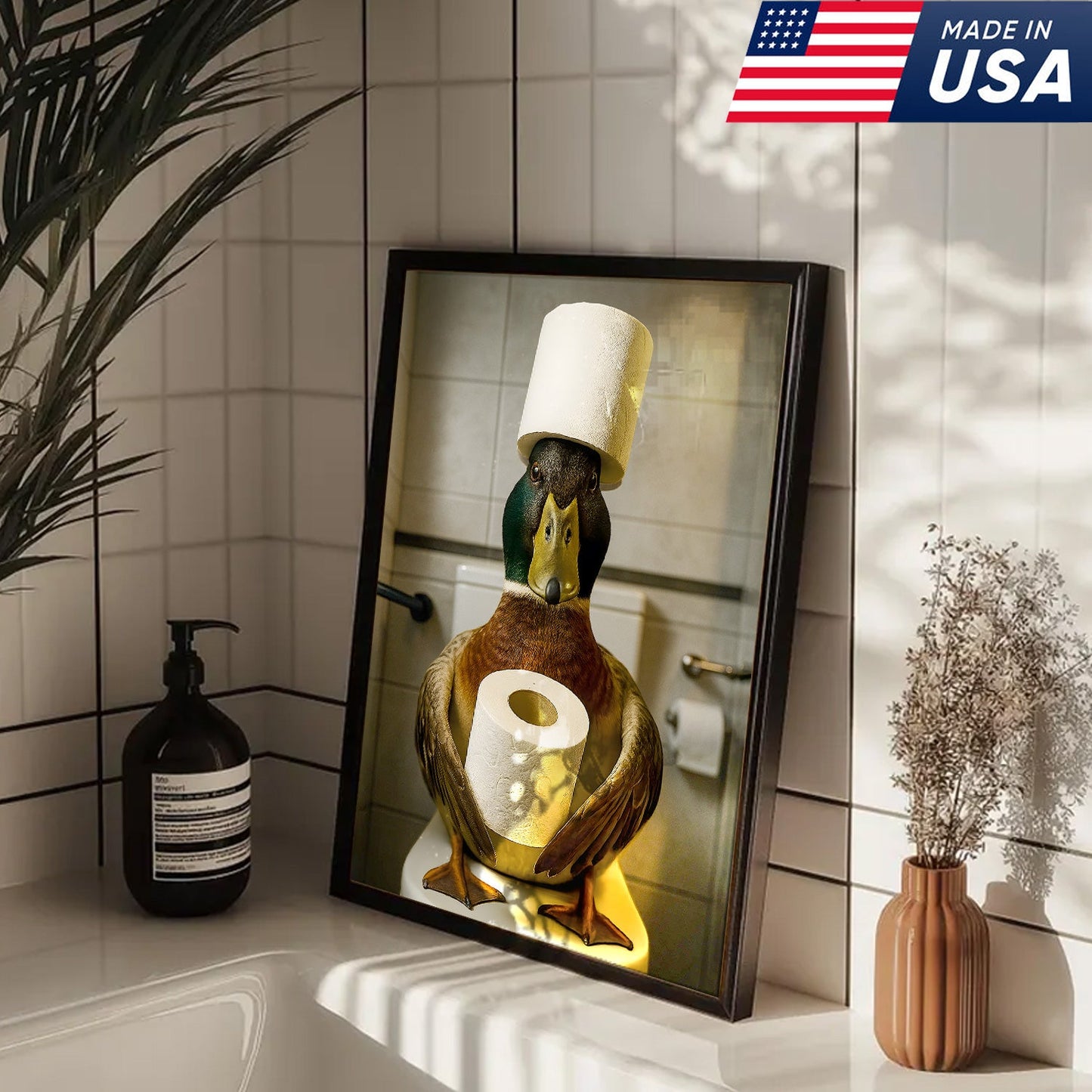 Funny Duck Bathroom Canvas Wall Art – Rustic Toilet Canvas for Cabin, Lodge & Man Cave Decor