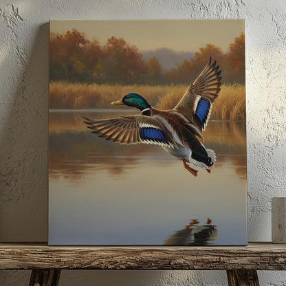 Duck Hunting Wall Art Canvas – Mallard Duck in Flight Over Lake, Perfect Hunting Cabin Decor for Men
