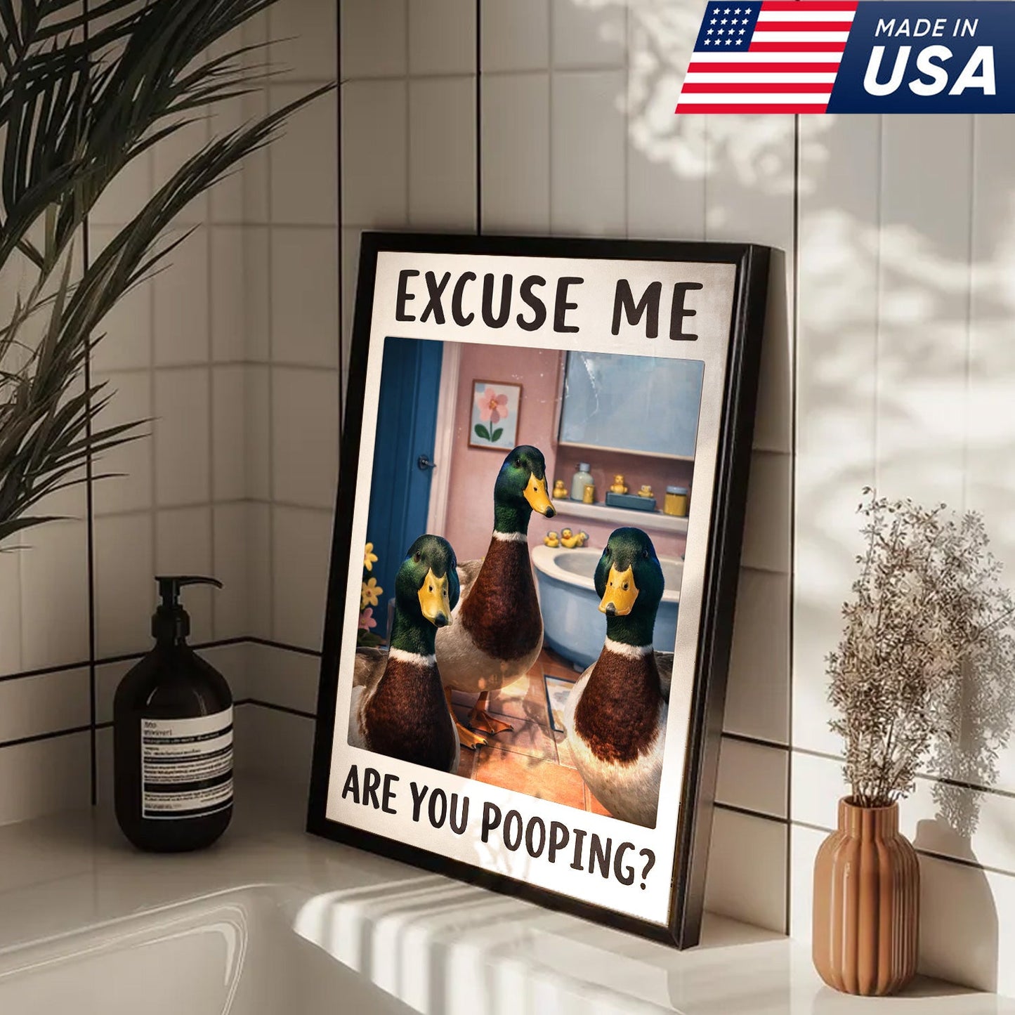 Funny Duck Bathroom Canvas Wall Art, Excuse Me Are You Pooping Quote Print