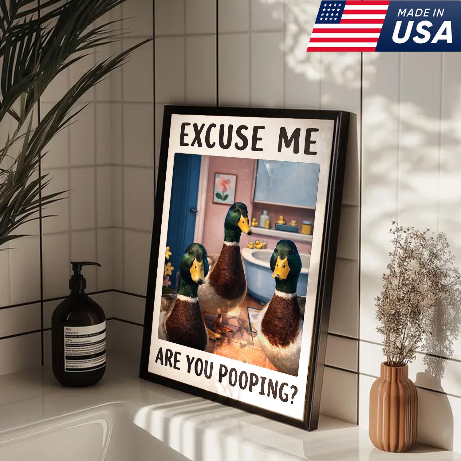 Funny Duck Bathroom Canvas Wall Art, Excuse Me Are You Pooping Quote Print