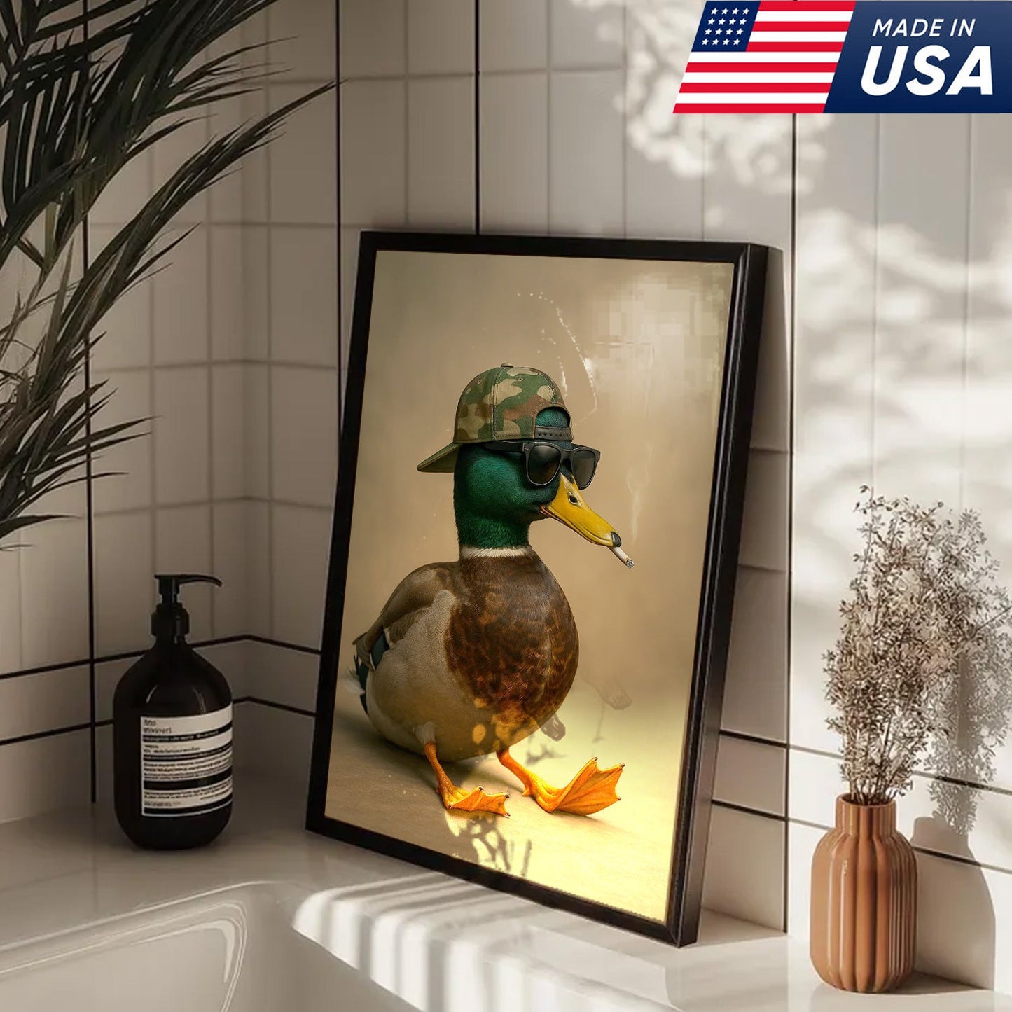 Cool Mallard Duck with Camo Hat Wall Art – Funny Hunting Canvas Print
