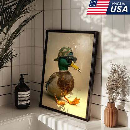 Cool Mallard Duck with Camo Hat Wall Art – Funny Hunting Canvas Print