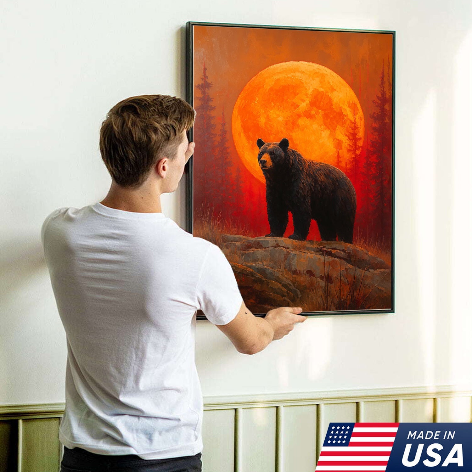 Bear Canvas Wall Art – Majestic Black Bear with Fiery Orange Full Moon