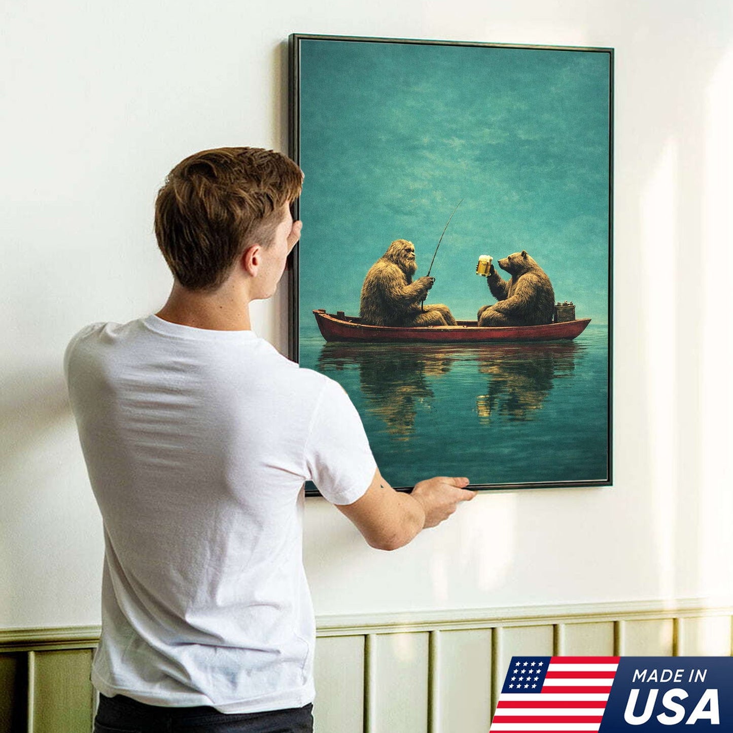 Whimsical Bear Fishing Canvas Wall Art, Surreal Animal Friendship Painting
