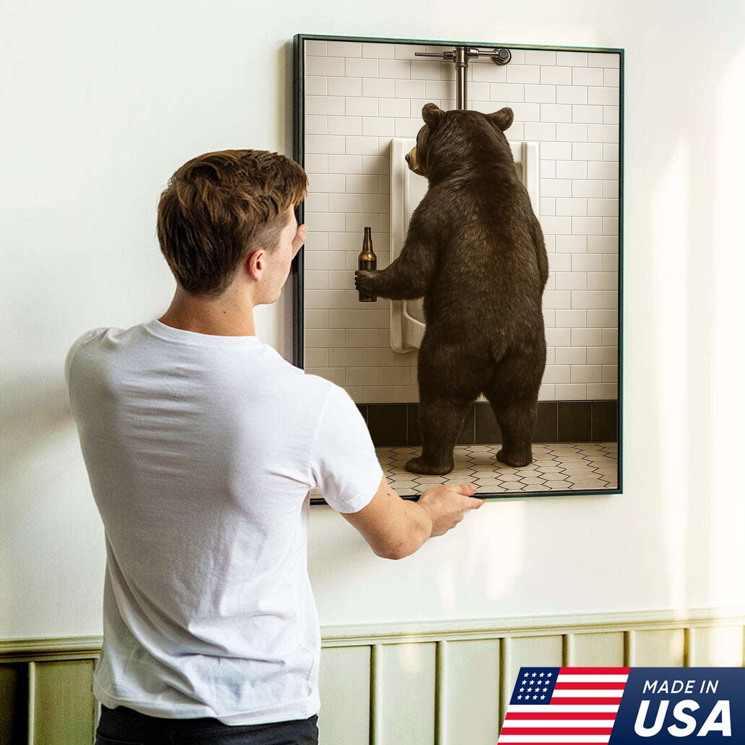 Funny Black Bear Canvas Wall Art – Hilarious Bathroom Humor Decor – Rustic Cabin Lodge Gag Gift