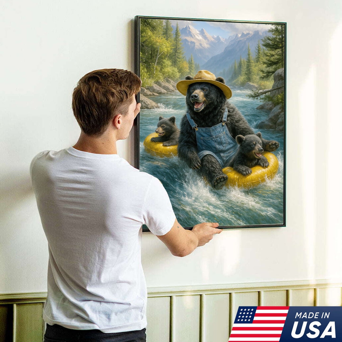 Bear River Adventure Canvas Wall Art – Cute Bear Family Wall Decor for Cabin & Nature Lovers