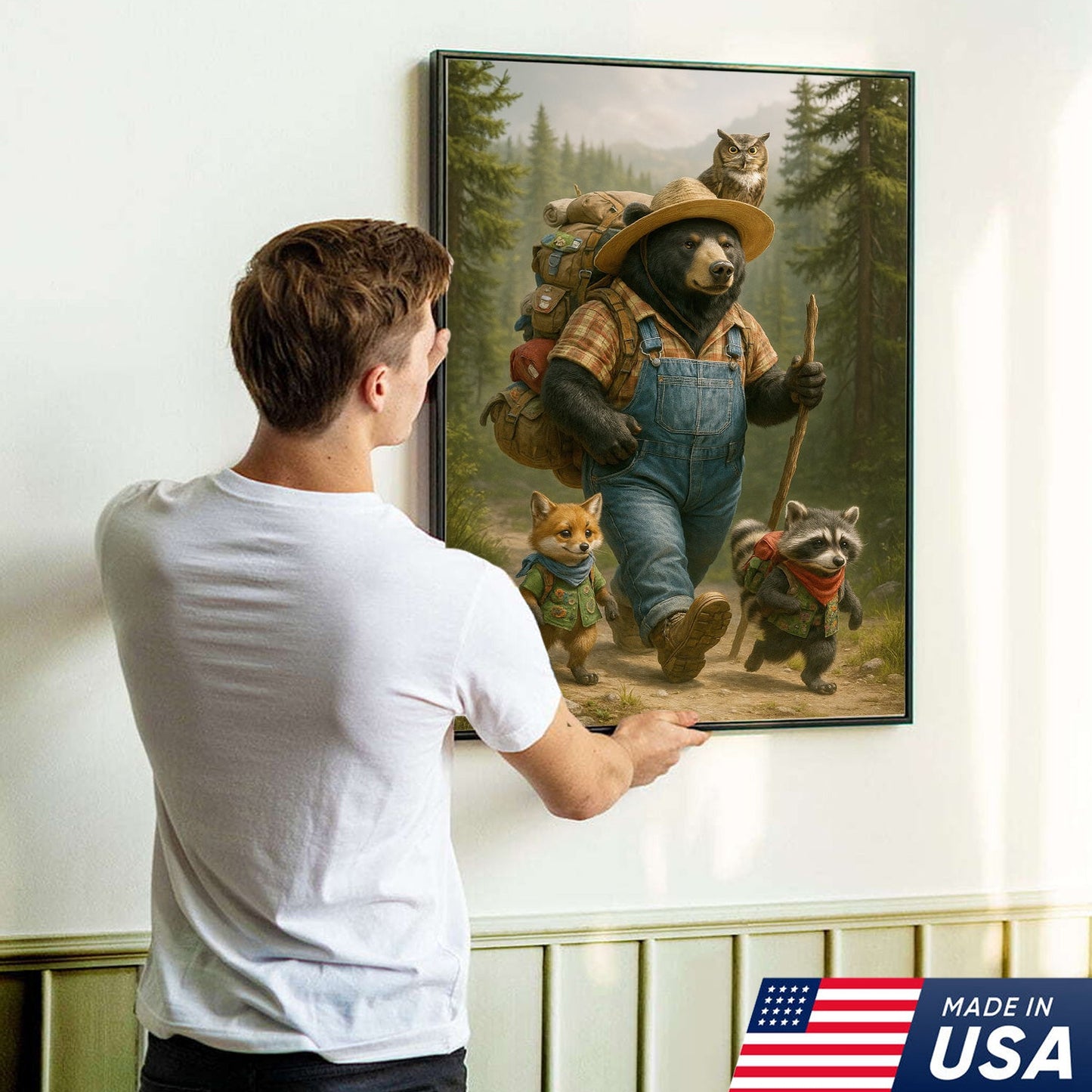 Bear Hiking Adventure Canvas Art – Cute Woodland Animal Wall Decor for Cabin & Home