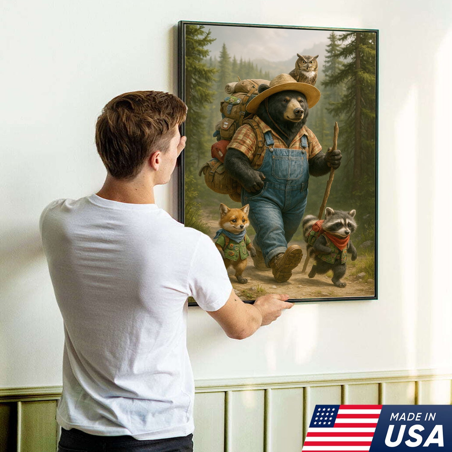 Bear Hiking Adventure Canvas Art – Cute Woodland Animal Wall Decor for Cabin & Home