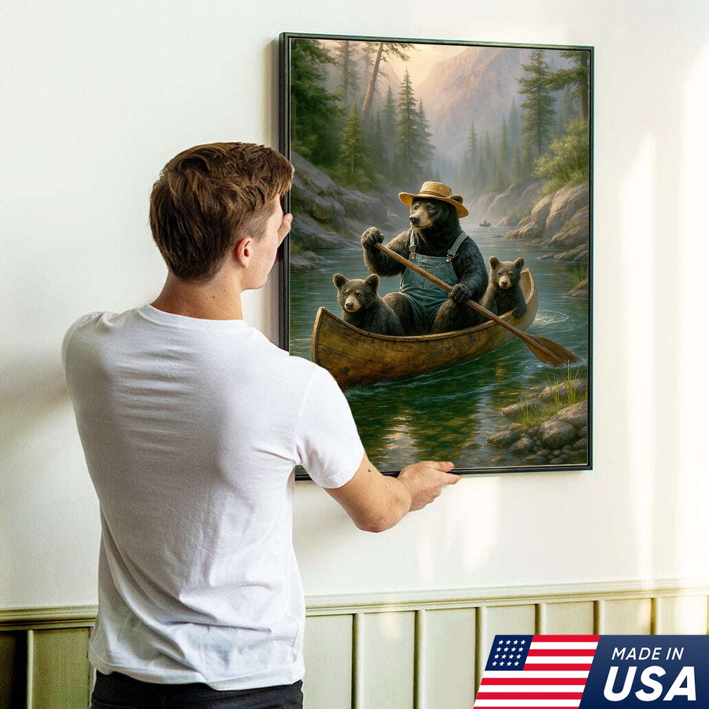 Bear Family Canoe Adventure Canvas Wall Art – Rustic Wildlife Wall Decor for Cabin & Home