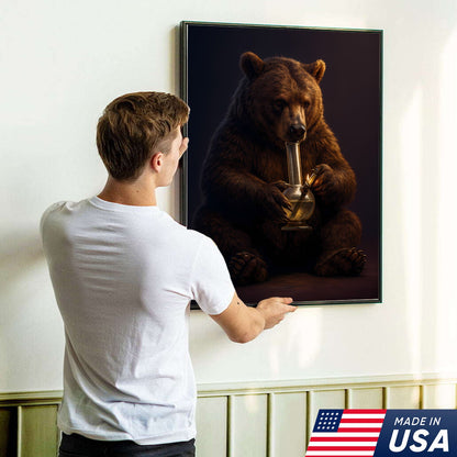 Rustic Bear Smoking Canvas Wall Art – Funny Cabin Decor for Hunters & Outdoor Lovers