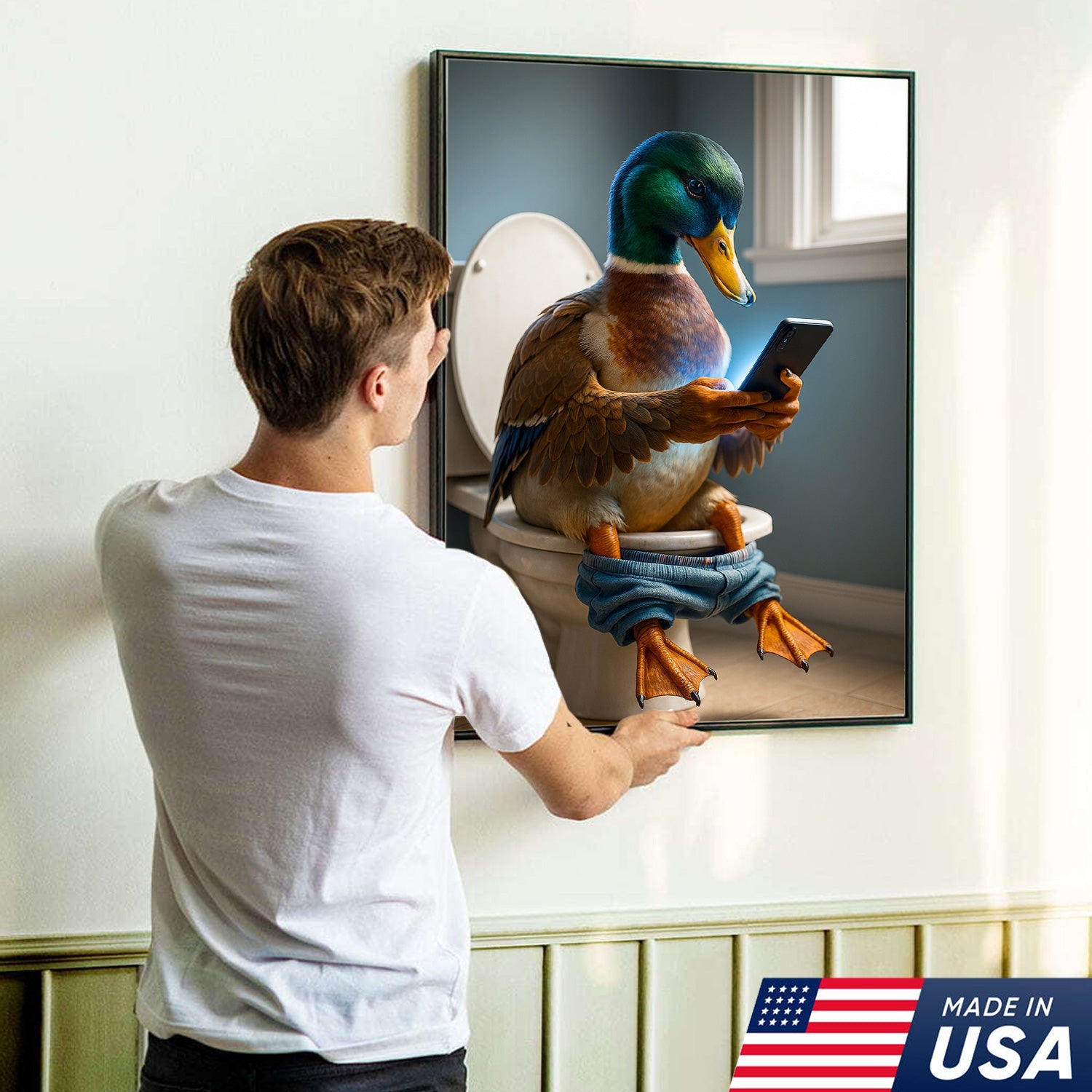 Funny Duck on Toilet Canvas Wall Art – Hilarious Gift for Men, Husband or Bathroom Decor