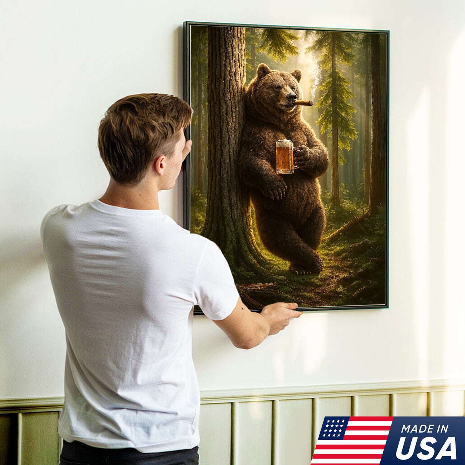 Rustic Bear in Forest Canvas Wall Art, Woodland Animal Decor, Nature Landscape Home Decoration
