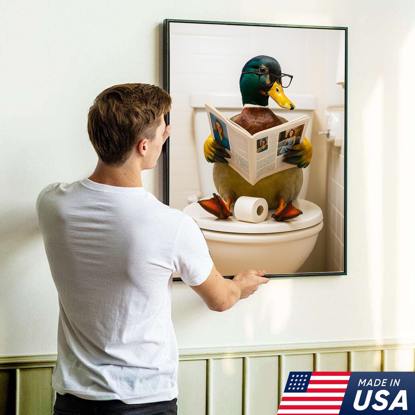 Funny Duck Bathroom Canvas Wall Art – Unique Gift for Hunters, Wildlife Lovers & Cabin Decor