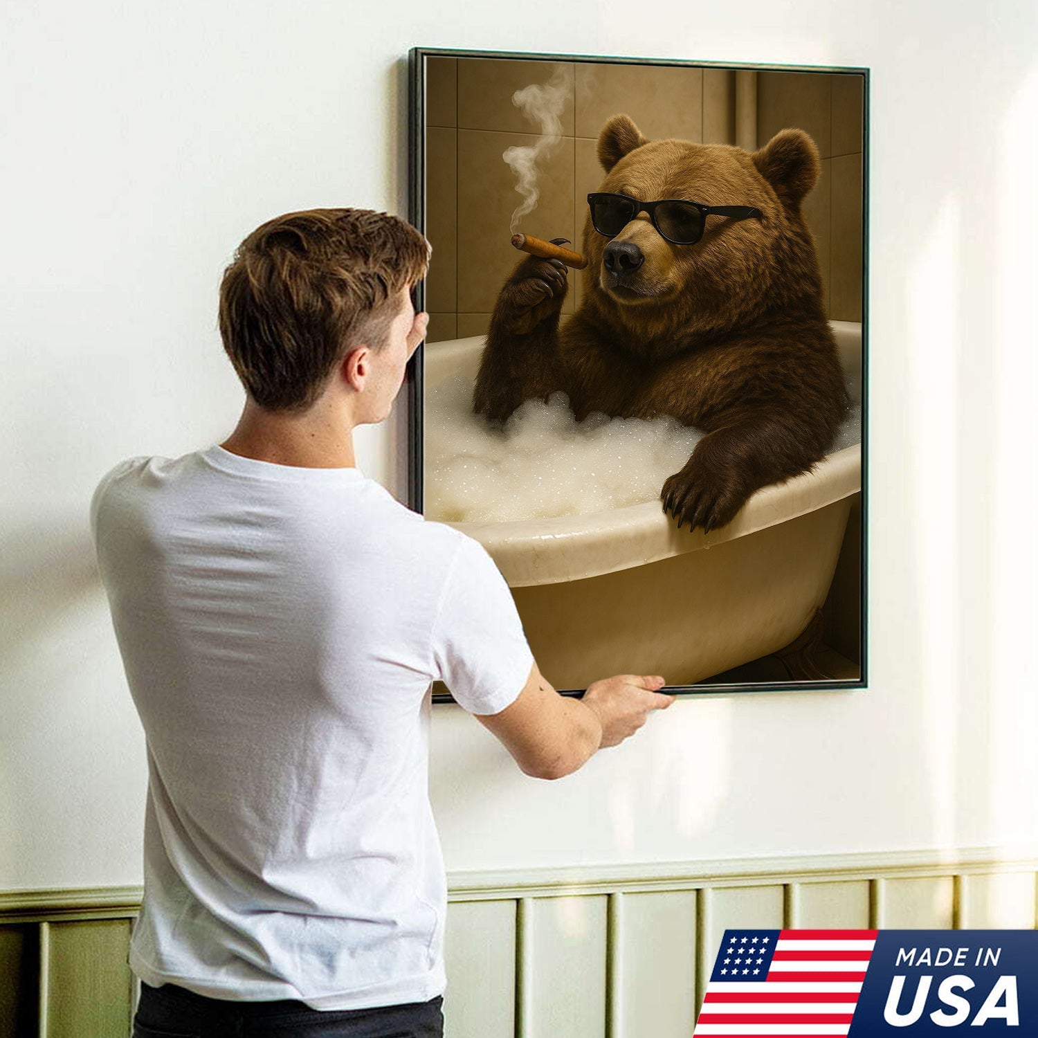 Cool Bear Canvas Wall Art – Funny Relaxing Bathtub Gift for Hunters & Outdoorsmen